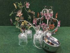 Two decorative metal light fittings with flower decoration and a five way glass light fitting