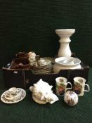 Three boxes of Royal Doulton mugs, stoneware flaggon, toilet jug and basin,