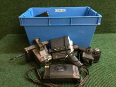 Two boxes of assorted cameras, lenses and equipment, cine cameras, including a Professional Mamiya,