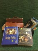 Three boxes of Holy Bible, LP records, small leather luggage case, brief case, china,