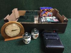 A box of Smiths clock, Royal Worcester egg codlers, Sanyo tape deck,