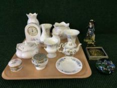 A tray of Radnor figurine, glass paperweight, Aynsley wild tudor china etc.