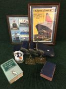 Two framed Cunard montages, together with a flat back Staffordshire figure,