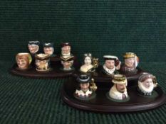 Twelve Royal Doulton miniature character jugs : Elizabeth I, Edward VII, Henry V, Henry VIII etc.