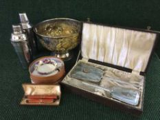 A tray of silver plated punch bowl, pair of cocktail shakers,