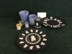 A tray of eight pieces of Wedgwood jasper ware, black bi-centenary Josiah Wedgwood plate,