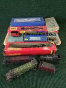 A tray of Hornby 00 gauge engines, Dublo footbridge and island platform,