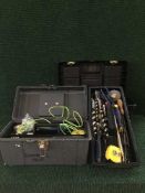 Four plastic tool boxes of hand tools