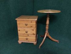 A pine pedestal wine table and bedside chest