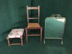 A brass framed mirrored fire screen together with an inlaid mahogany hall chair and stool