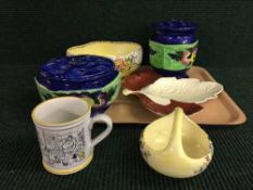 A tray of Maling Lustre Rosalind basket and fruit bowl, Carlton ware leaf plate,