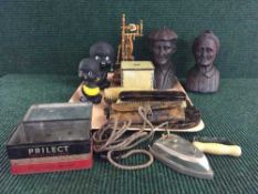A tray of two mid twentieth century bobble head money boxes, dressing table set, wooden busts etc.