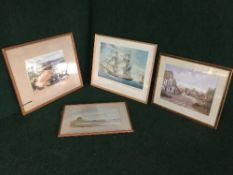 A watercolour - coastal landscape together with a print depicting a boat,