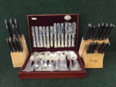 A canteen of Cooper ludlam silver plated cutlery together with a Prestige knife block and knives