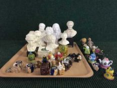 A tray of nine miniature busts - Composers and philosophers, Goss house, miniature teapots,
