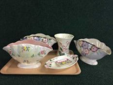 A tray of four assorted Maling vases, Peony rose pin dish,