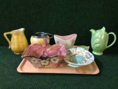 A tray of Maling green lustre pot, Maling floral vase, Royal Winton barrel, lustre fruit bowl etc.