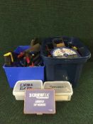 Three plastic tubs, hand tools, wood working planes,