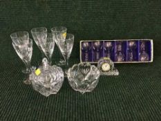 A tray of Waterford Crystal mantle clock, two dishes, set of six Stuart Crystal glasses etc.