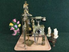 A tray of marble telephone, marble bookends, brass companion set, cast door stop,