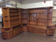 A teak G-Plan modular wall unit (two display cabinets and three corner stands)