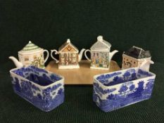 A tray of two Maling blue and white troughs,