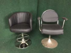 A contemporary chrome framed swivel armchair and a black tub chair on chrome swivel base