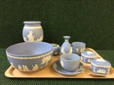 A tray of Wedgwood blue and white jasper ware
