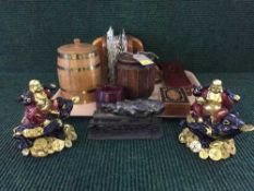 Tray of postcards, wooden bookends, wooden tea caddies,
