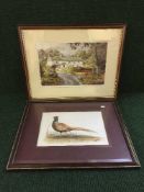 A folding director's chair, exercise stepper and nine prints,