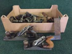 One boxes of vintage hand tools, including wood working planes, drill bits, brace,