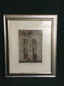 A colour print depicting a Persian style dwelling