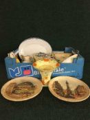 Three boxes of china, including Crown Ducal vases, tankards, Tyne Bridge chalk plaques,