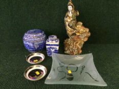 A tray of Royal Doulton old windmill pin dishes, oriental figurine, Ringtons caddy etc.