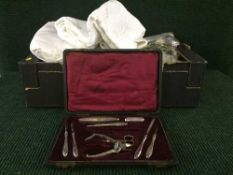 Three boxes of electricals, coin sorter, jewellery boxes, linen, china,