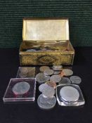 A tin of commemorative coins, British coins etc.