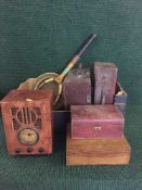 A box of leather trinket boxes, leather cases, walnut box,