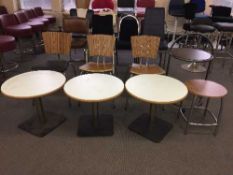 Three contemporary teak dining chairs on chrome legs, matching stool,