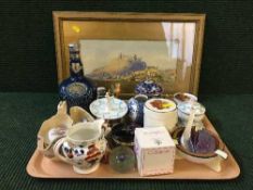 A tray of Spode China decanter, lustre jug, glass trinket set, Wedgwood jasper ware etc.