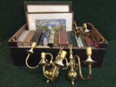 Two boxes of books - novels etc, assorted pictures, golf bag and clubs,