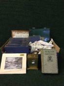 A box of copper framed picture - Newcastle upon Tyne, set of knowledge books, carriage clock,