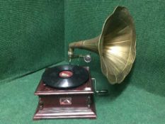 A HMV table top gramophone with brass horn