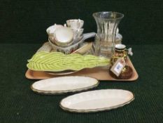 A tray of Royal Vale tea set, character jug, desk top vice in the form of a ships wheel,