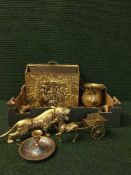 A box of assorted brass ware, mag rack,