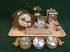 Two mid 20th century mantel clocks, carriage clocks, hip flask, coffee grinder,