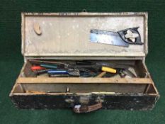 A pine joiner's tool box and assorted hand tools