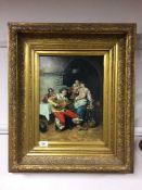 Continental school: Figures revelling in a tavern, oil on panel, in gilt frame.