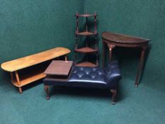 A mid 20th century teak telephone table, coffee table, corner what not,