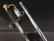 A military basket handled sword in scabbard