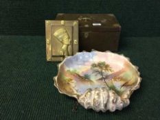 A tray of early twentieth century table box with brass mounts together with a shell china wall